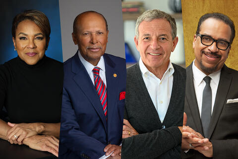 Pictured: Rosalind Brewer; Antoine Garibaldi, Ph.D. (B.A. ’73); Robert (Bob) Iger; and Reverend Richard Smallwood (B.A. ’71, M.Div. ’04).