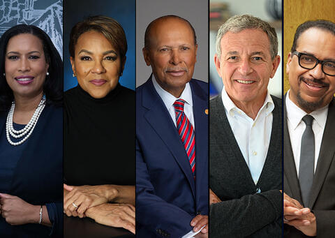 Mayor Muriel Bowser; Rosalind Brewer; Antoine Garibaldi, Ph.D. (B.A. ’73); Robert (Bob) Iger, immediate past CEO of The Walt Disney Company; Reverend Richard Smallwood (B.A. ’71, M.Div. ’04).